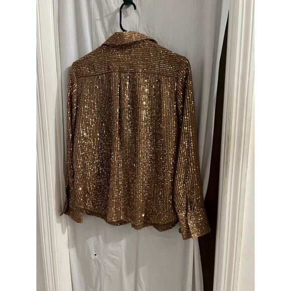 Anthropologie Brown Gold Remie Sequin Sparkle Button Up Blouse Sz LP - Picture 6 of 9